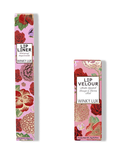 Dirty Love -- pink waterproof lip liner and lipstick in boxes on white background