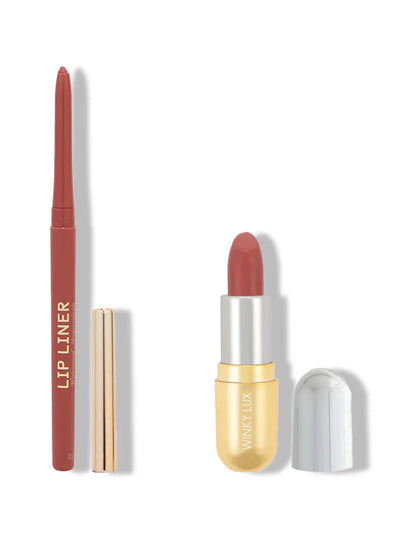 Meow -- mauve waterproof lip liner and lipstick on white background