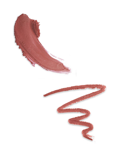 Meow -- swatches of mauve waterproof lip liner and lipstick on white background