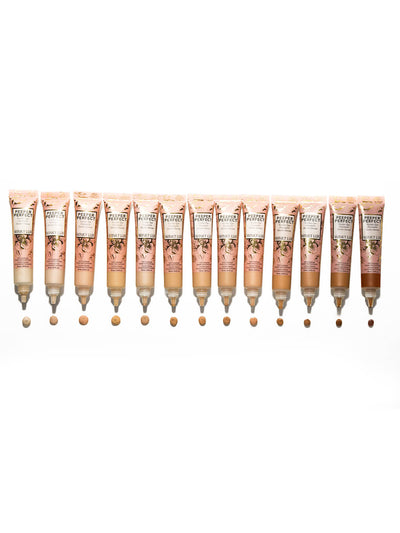 Deep/Plus -- all shades of peeper perfect under eye concealer lined up with dot of product on white background