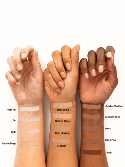 Golden Medium -- wrists in the air showing all swatches of peeper perfect under eye concealer