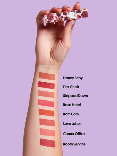 honey baby -- 8 swatches of skinny plump demi matte plumping lipstick on wrist