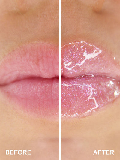 birthday cake shimmer -- close up of before and after of shimmer pink lip oil applied to lips