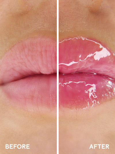 crave -- close up of before and after of deep pink lip oil on lips