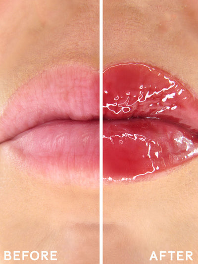 enchanted -- close up split screen before and after with and without red lip oil