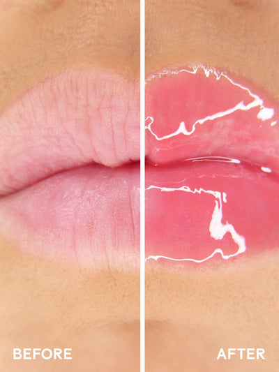 juicy -- close up split screen before and after with and without pink lip oil