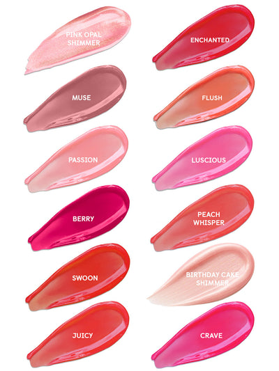 berry -- group shot of each of the lip oil swatches in the collection