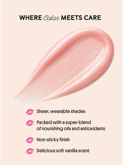 enchanted -- swatch infographic highlighting key benefits of nourishing lip oil