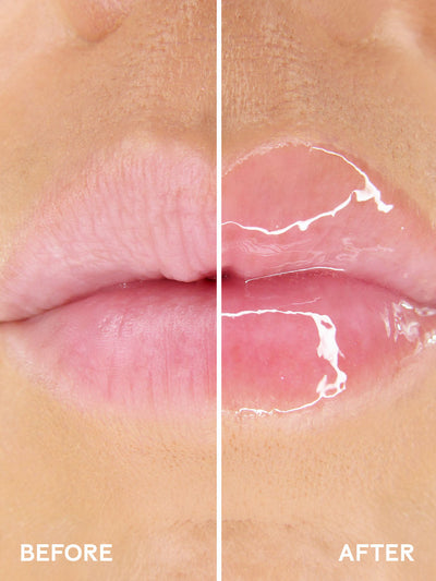 peach whisper -- close up of before and after of shimmer pink lip oil applied to lips