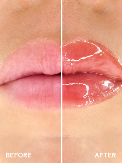 swoon -- close up split screen before and after with and without lip oil